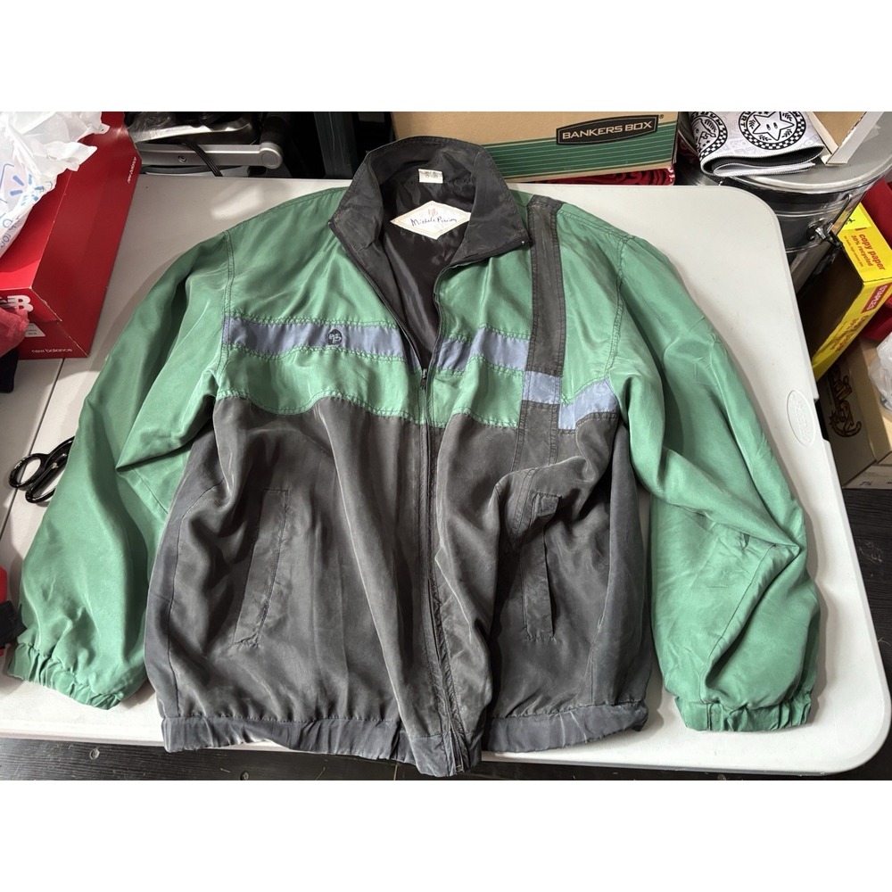 Vtg Michele Pission 100% Silk Jacket L Green Black